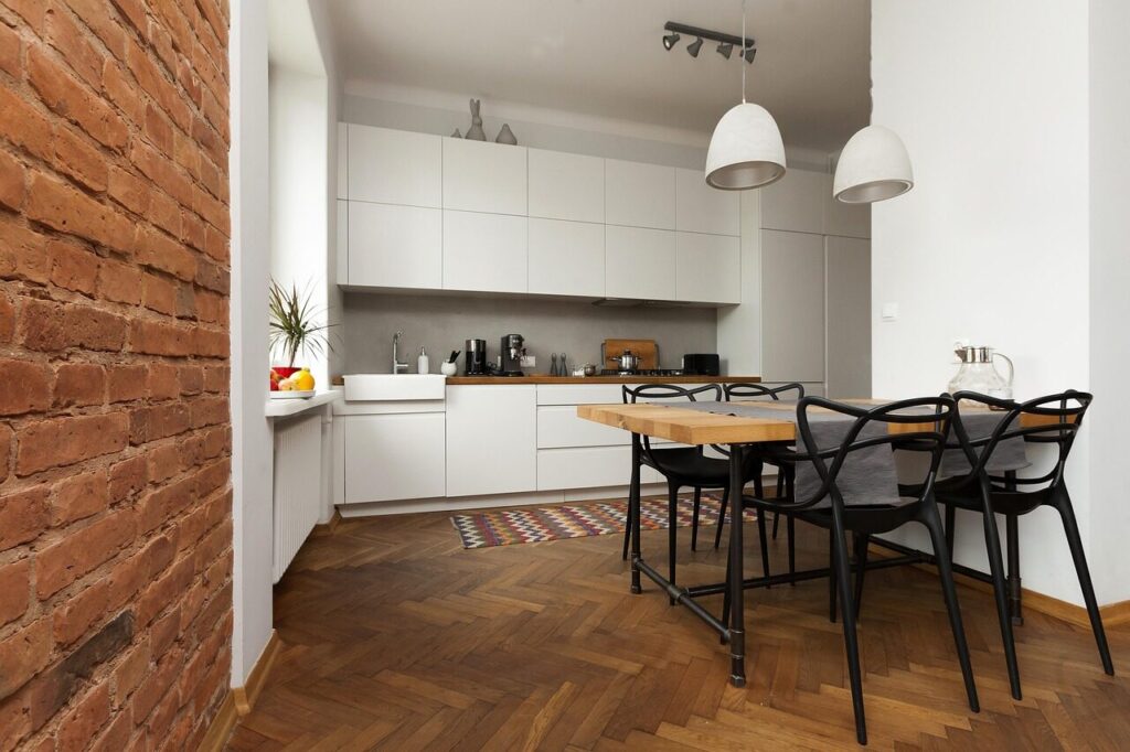 apartment, wall of bricks, table, brick, design, architecture, atmosphere, kitchen, parquet, light, dining room, modern furniture, kitchen furniture, parquet, parquet, parquet, parquet, dining room, dining room, dining room, dining room, dining room, kitchen furniture